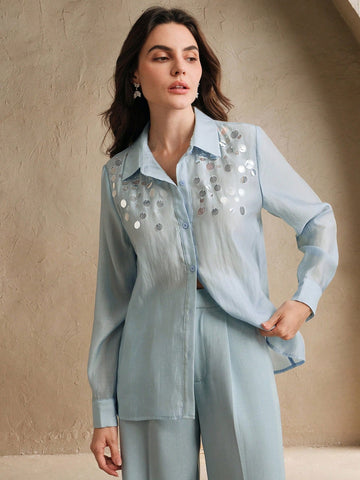 Elegant Hand-Beaded Sequin Decor Loose Fit Semi-Sheer Collared Blouse
