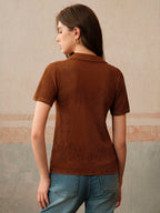 Elegant & Dignified V-Neck Embroidered Floral Hollow Out Knit Top shein