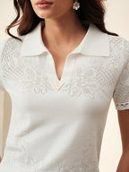 Elegant & Dignified V-Neck Embroidered Floral Hollow Out Knit Top shein