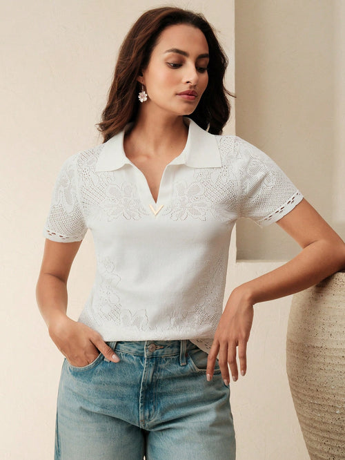 Elegant & Dignified V-Neck Embroidered Floral Hollow Out Knit Top shein