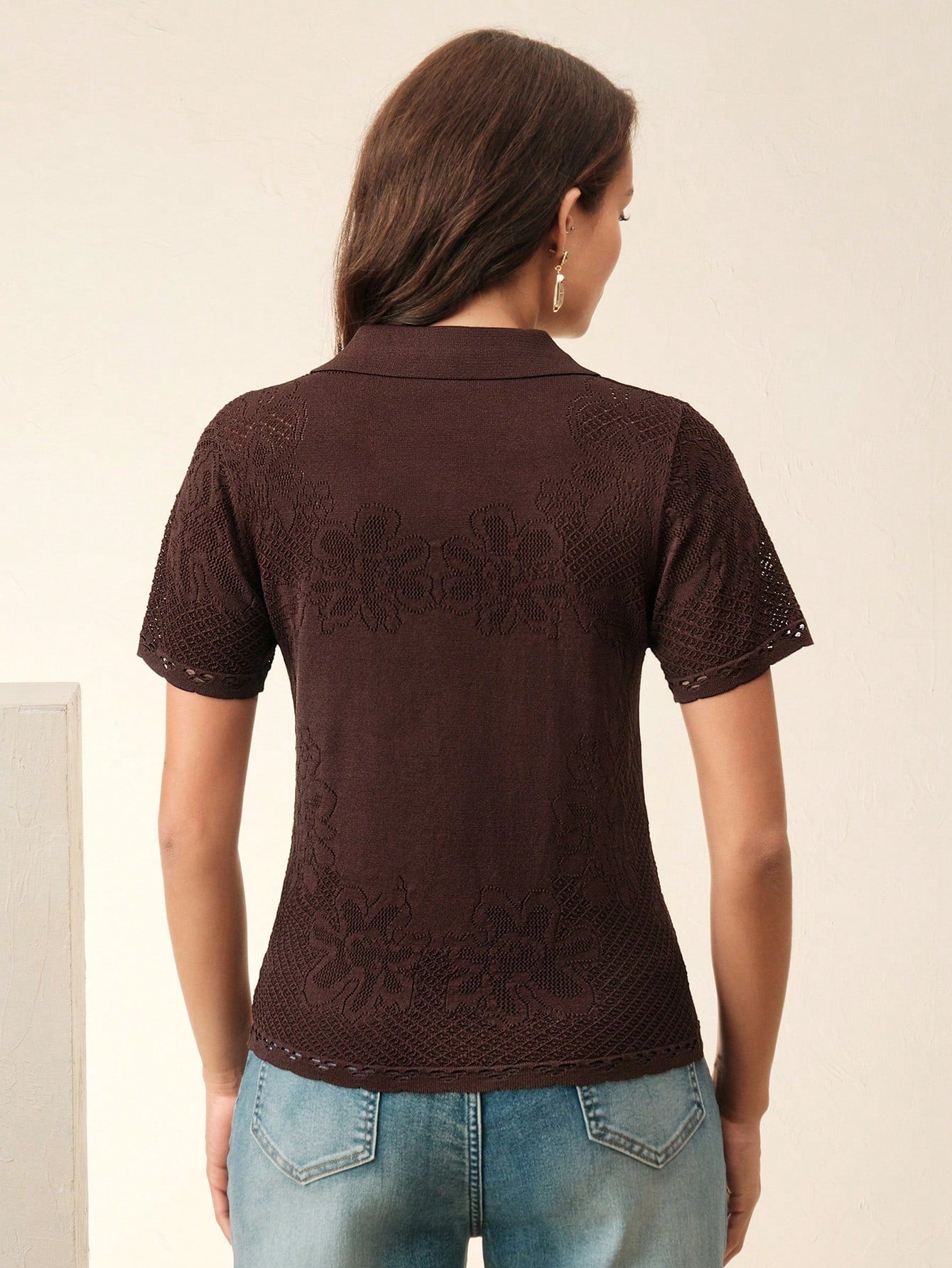 Elegant & Dignified V-Neck Embroidered Floral Hollow Out Knit Top