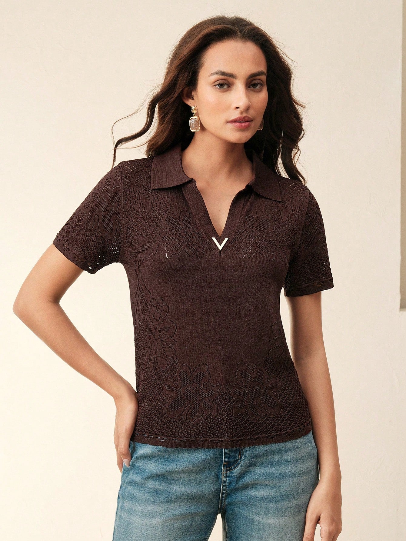 Elegant & Dignified V-Neck Embroidered Floral Hollow Out Knit Top