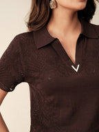Elegant & Dignified V-Neck Embroidered Floral Hollow Out Knit Top shein