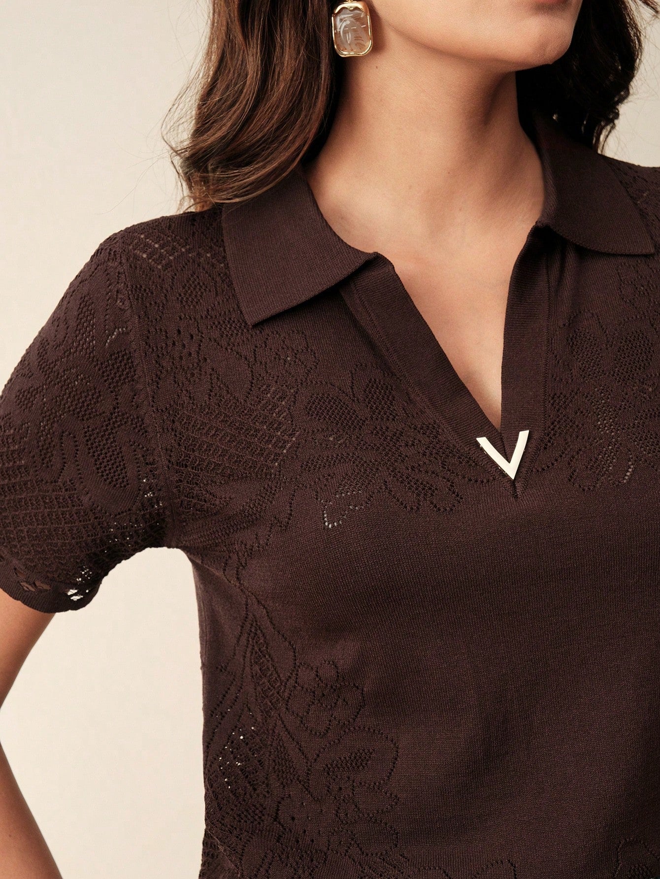 Elegant & Dignified V-Neck Embroidered Floral Hollow Out Knit Top