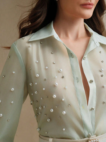 Elegant Luxurious Heavy Rhinestone Design Button Down Long Sleeve Blouse