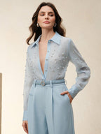 Elegant Luxurious Heavy Rhinestone Design Button Down Long Sleeve Blouse shein