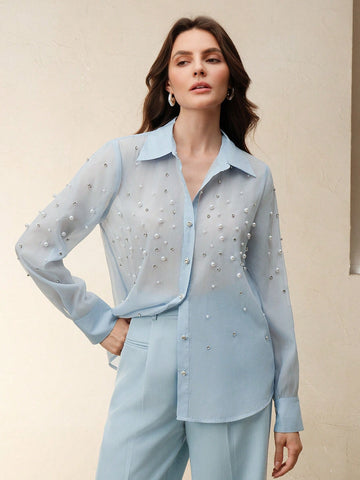 Elegant Luxurious Heavy Rhinestone Design Button Down Long Sleeve Blouse