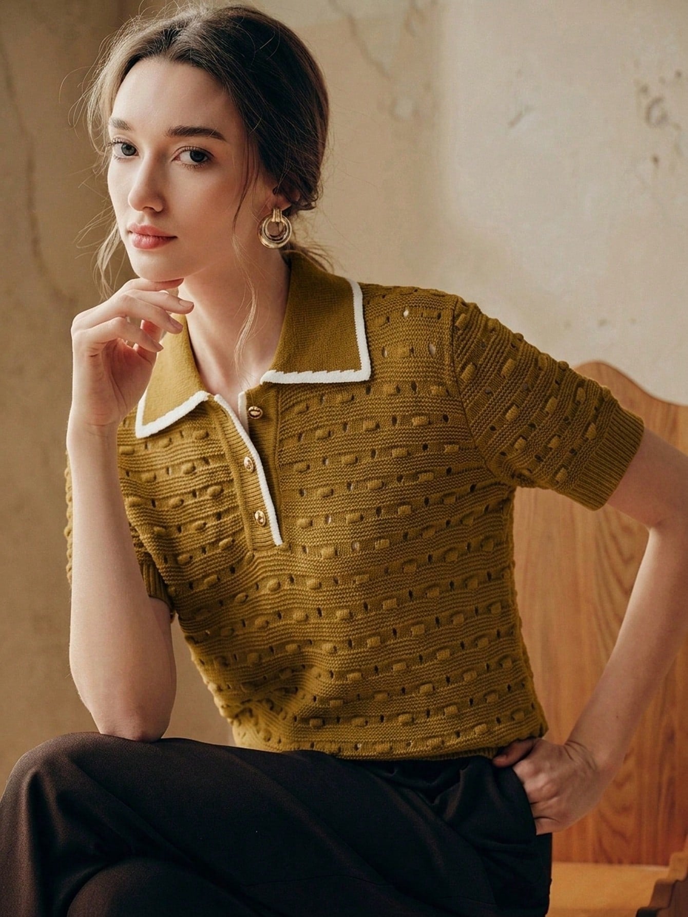3D Crochet Hollow Gold Button Ivory Knit Top shein