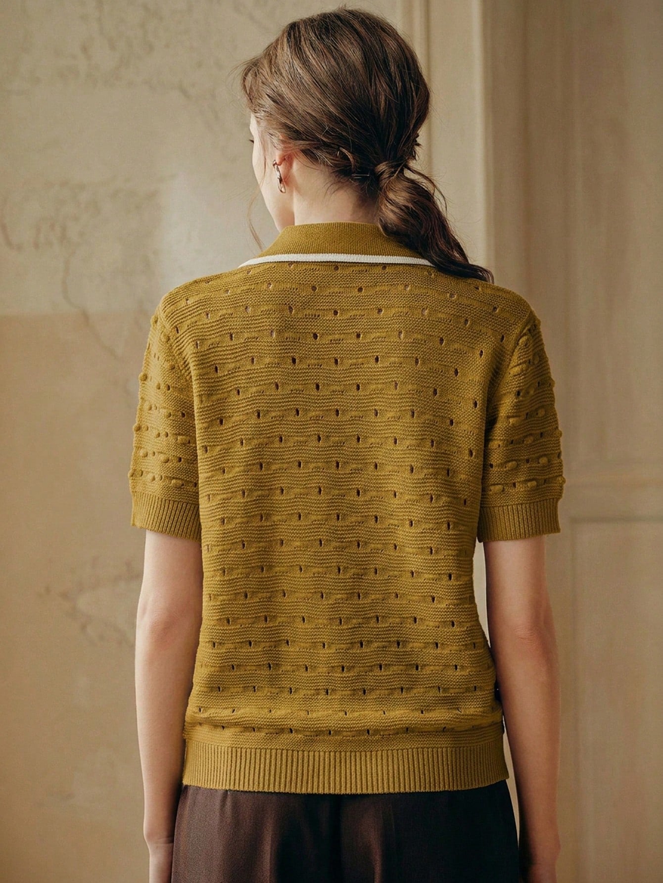 3D Crochet Hollow Gold Button Ivory Knit Top shein