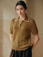 3D Crochet Hollow Gold Button Ivory Knit Top shein
