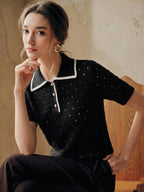 3D Crochet Hollow Gold Button Ivory Knit Top shein