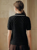 3D Crochet Hollow Gold Button Ivory Knit Top shein