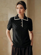 3D Crochet Hollow Gold Button Ivory Knit Top shein