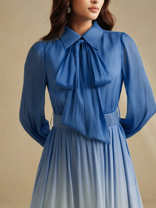 Anewsta Graceful Round Neck Tie Sleeve Cinched Waist Ombre Chiffon Print Women Dress