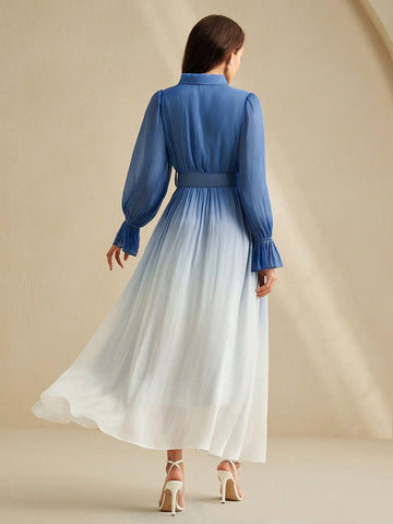 Anewsta Graceful Round Neck Tie Sleeve Cinched Waist Ombre Chiffon Print Women Dress