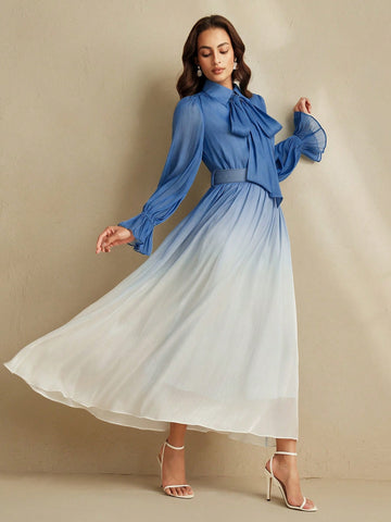 Anewsta Graceful Round Neck Tie Sleeve Cinched Waist Ombre Chiffon Print Women Dress