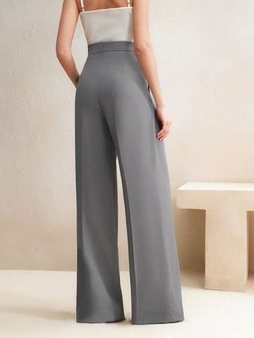 Anewsta Women Solid Color Pleated High Waist Straight Leg Palazzo Pants