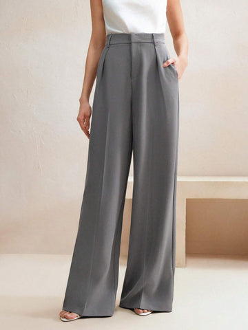 Anewsta Women Solid Color Pleated High Waist Straight Leg Palazzo Pants