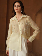 Elegant Luxurious Heavy Rhinestone Design Button Down Long Sleeve Blouse shein