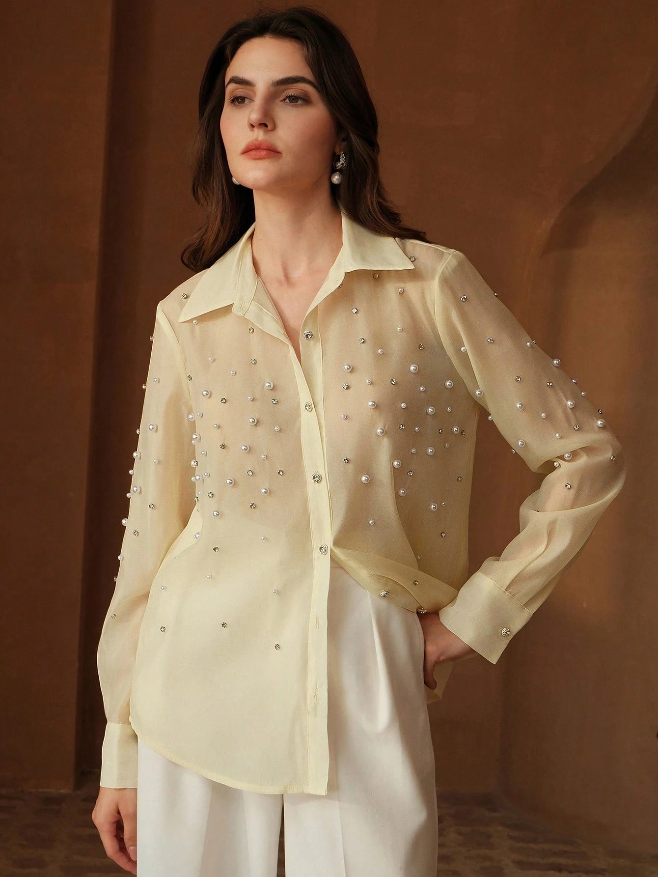 Elegant Luxurious Heavy Rhinestone Design Button Down Long Sleeve Blouse shein