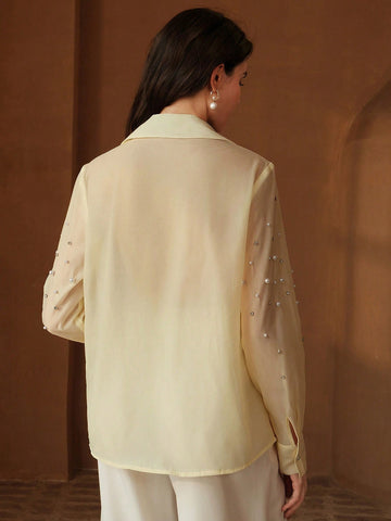 Elegant Luxurious Heavy Rhinestone Design Button Down Long Sleeve Blouse
