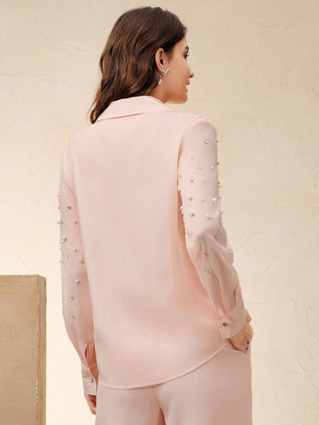 Elegant Luxurious Heavy Rhinestone Design Button Down Long Sleeve Blouse