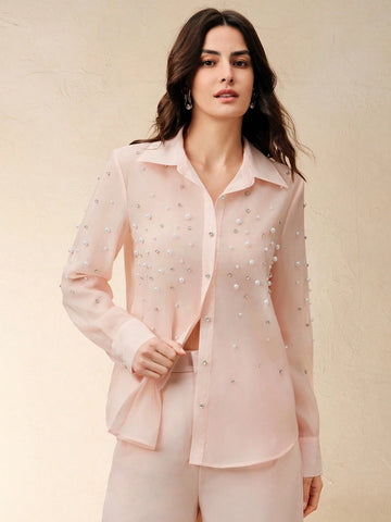 Elegant Luxurious Heavy Rhinestone Design Button Down Long Sleeve Blouse