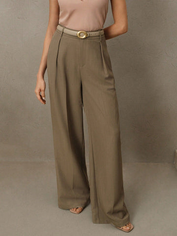 Anewsta Women Solid Color Pleated High Waist Straight Leg Palazzo Pants