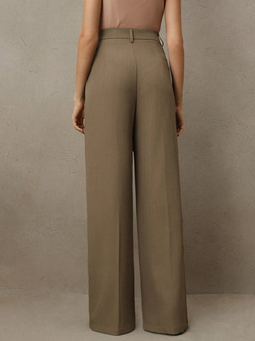 Anewsta Women Solid Color Pleated High Waist Straight Leg Palazzo Pants