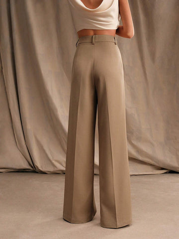 Anewsta Women Solid Color Pleated High Waist Straight Leg Palazzo Pants