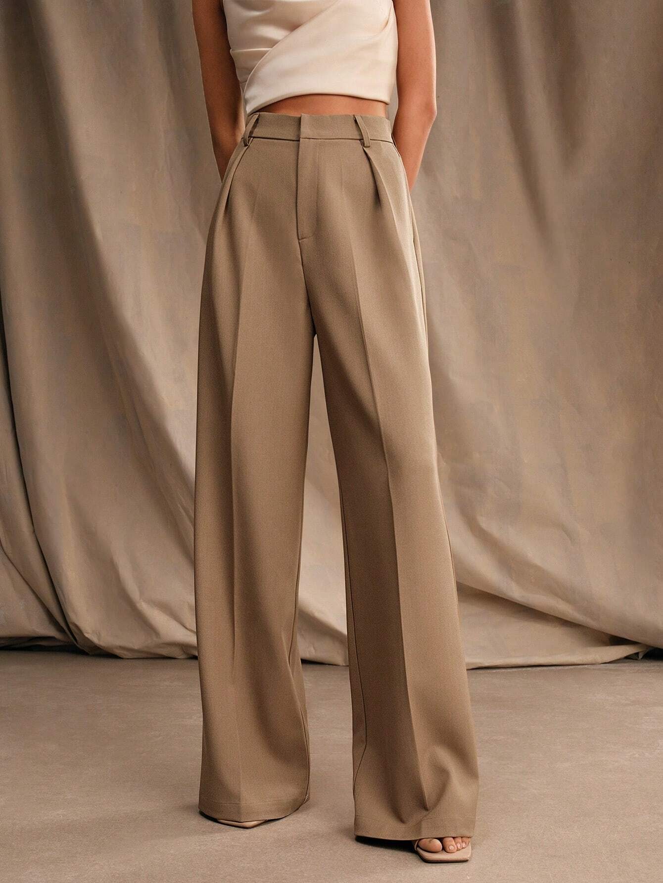 Anewsta Women Solid Color Pleated High Waist Straight Leg Palazzo Pants