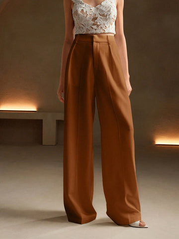 Anewsta Women Solid Color Pleated High Waist Straight Leg Palazzo Pants