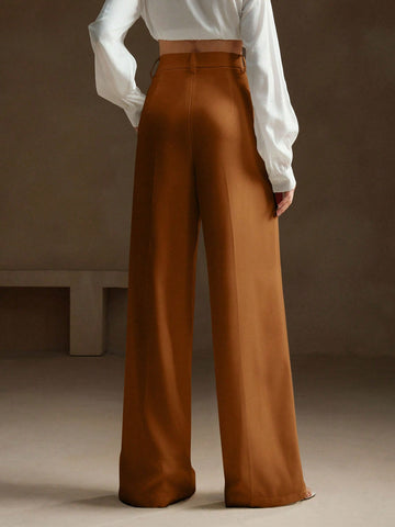Anewsta Women Solid Color Pleated High Waist Straight Leg Palazzo Pants