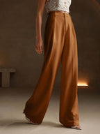 Anewsta Women Solid Color Pleated High Waist Straight Leg Palazzo Pants shein