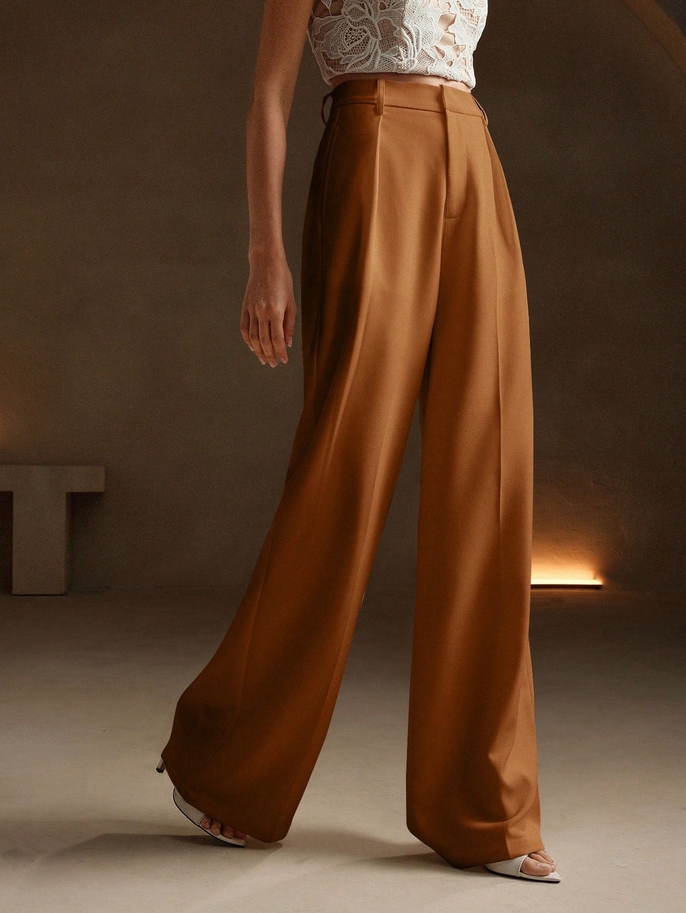 Anewsta Women Solid Color Pleated High Waist Straight Leg Palazzo Pants shein