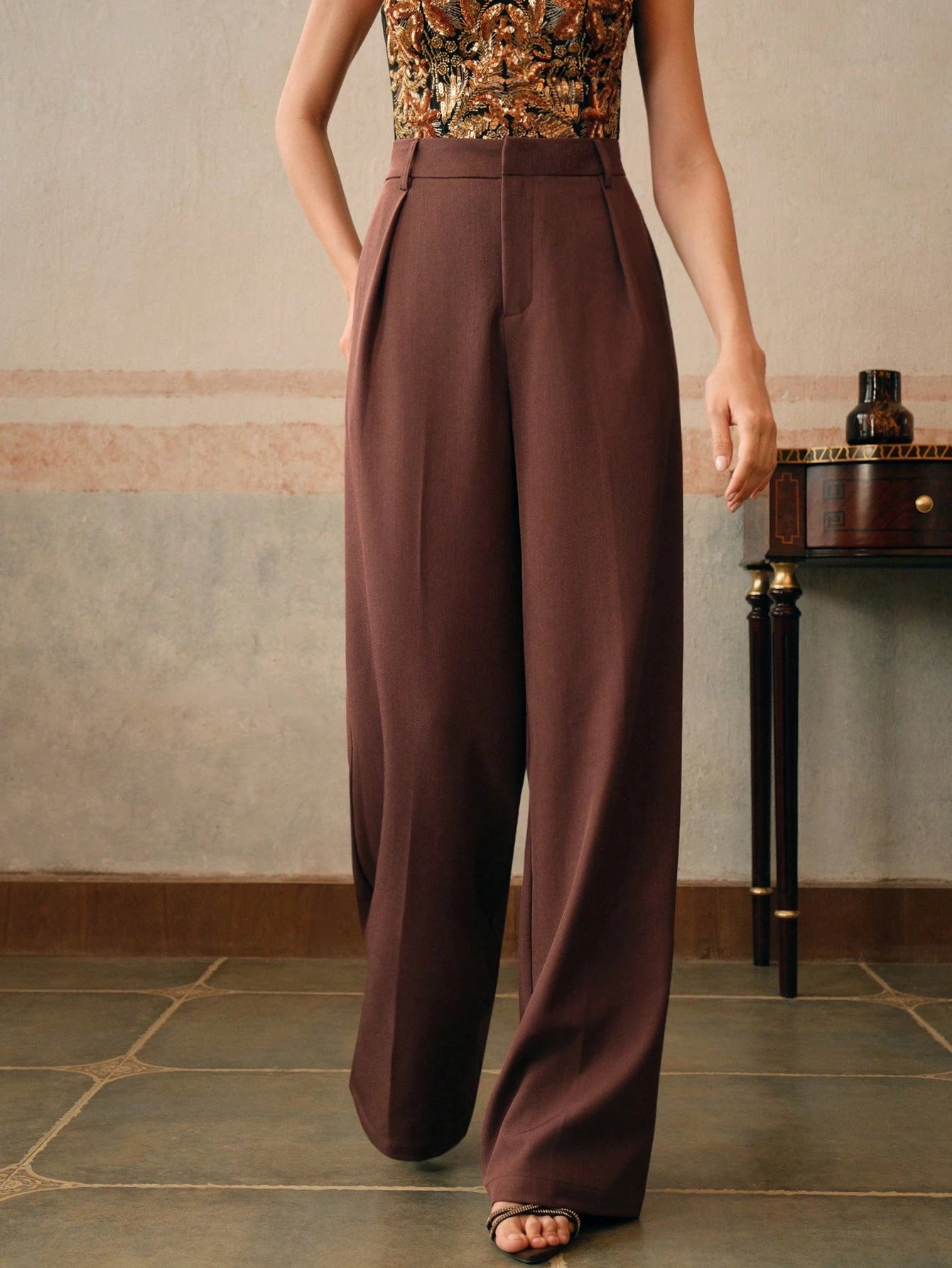 Anewsta Women Solid Color Pleated High Waist Straight Leg Palazzo Pants