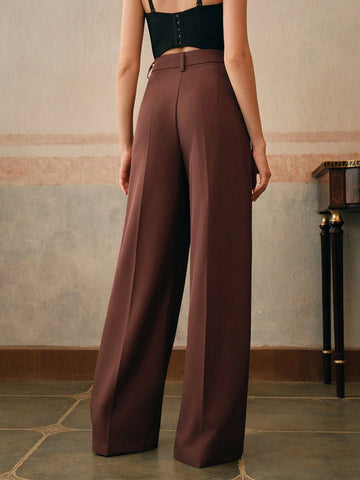 Anewsta Women Solid Color Pleated High Waist Straight Leg Palazzo Pants