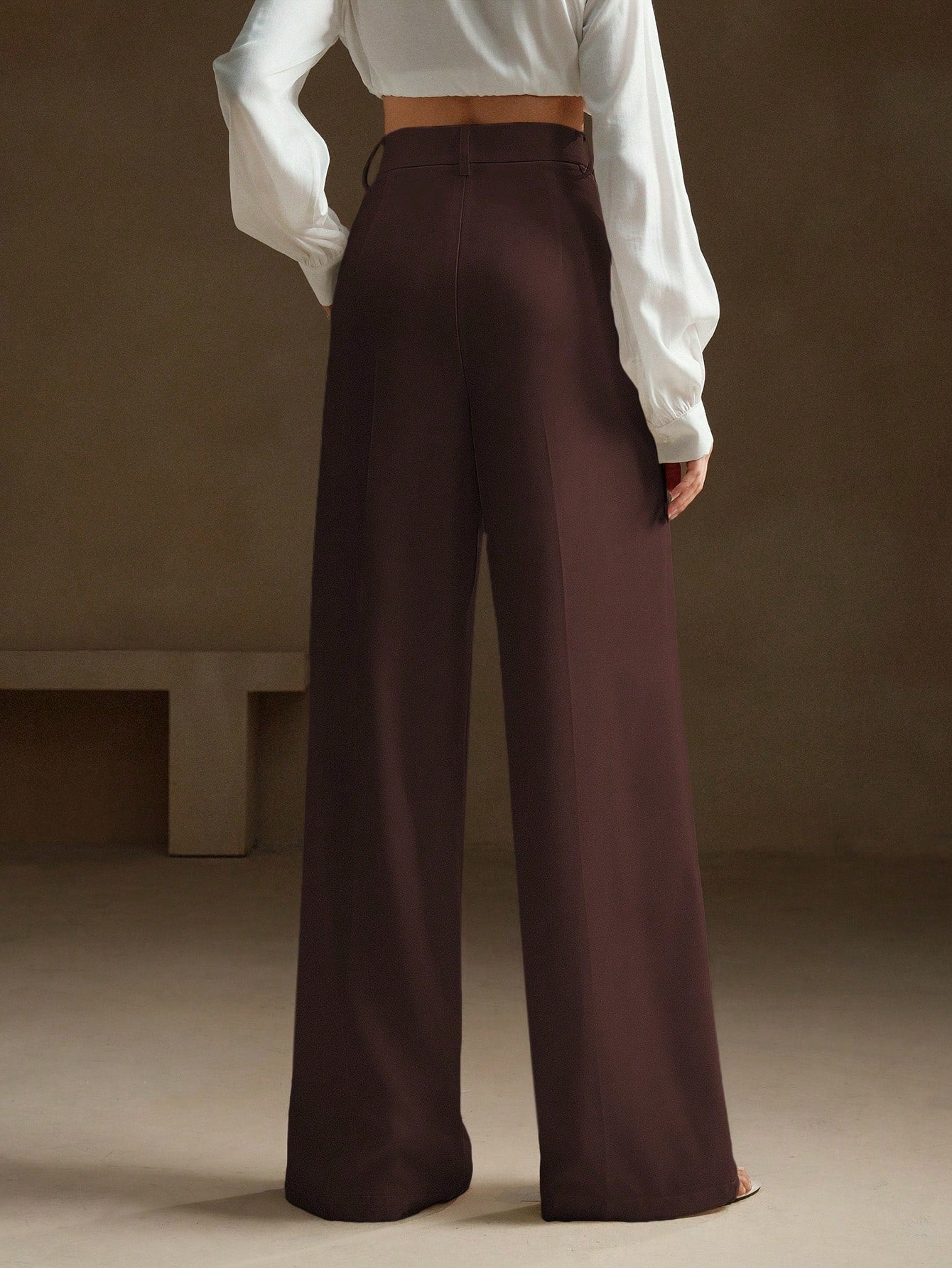 Anewsta Women Solid Color Pleated High Waist Straight Leg Palazzo Pants shein