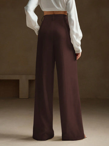 Anewsta Women Solid Color Pleated High Waist Straight Leg Palazzo Pants