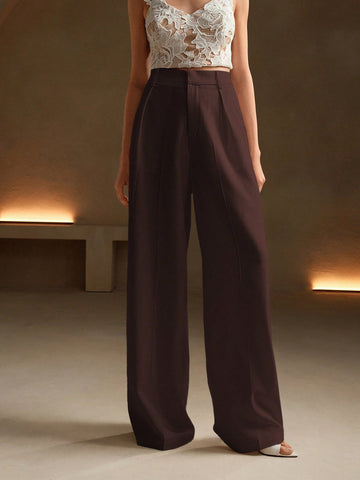 Anewsta Women Solid Color Pleated High Waist Straight Leg Palazzo Pants