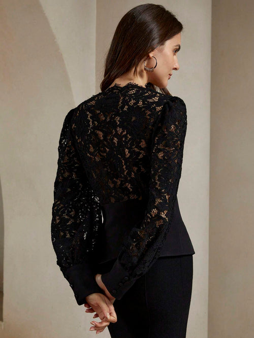 Anewsta Premium V-Neck Lace Patchwork Cinching Waist Top shein