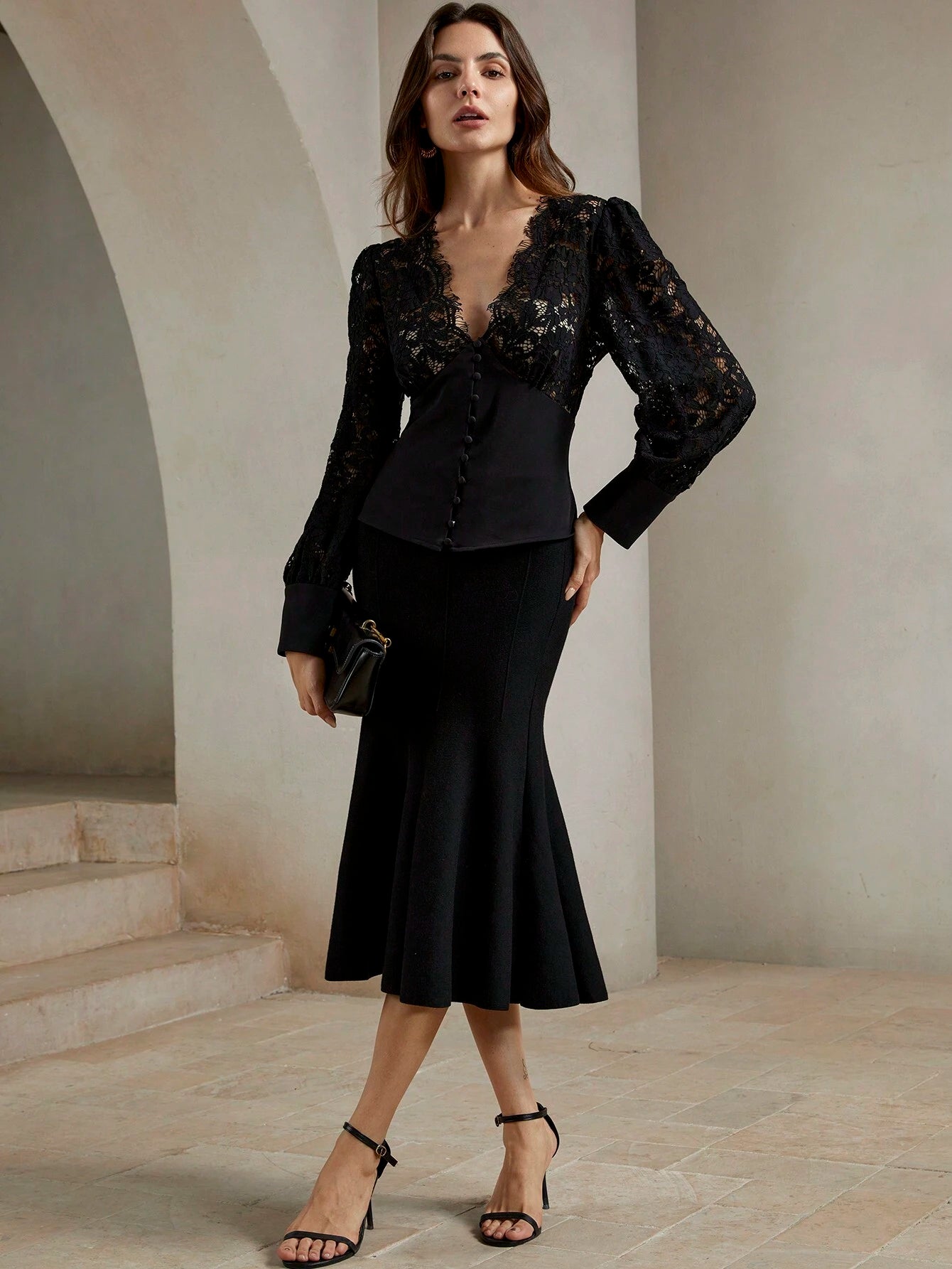 Anewsta Premium V-Neck Lace Patchwork Cinching Waist Top