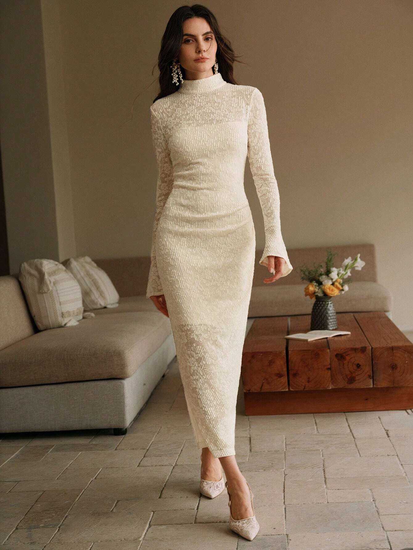 Anewsta Sexy And Elegant Apricot Long Dress With Cinched Waist Design shein