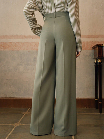 Anewsta Women Solid Color Pleated High Waist Straight Leg Palazzo Pants