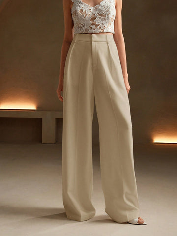 Anewsta Women Solid Color Pleated High Waist Straight Leg Palazzo Pants