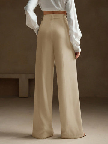 Anewsta Women Solid Color Pleated High Waist Straight Leg Palazzo Pants