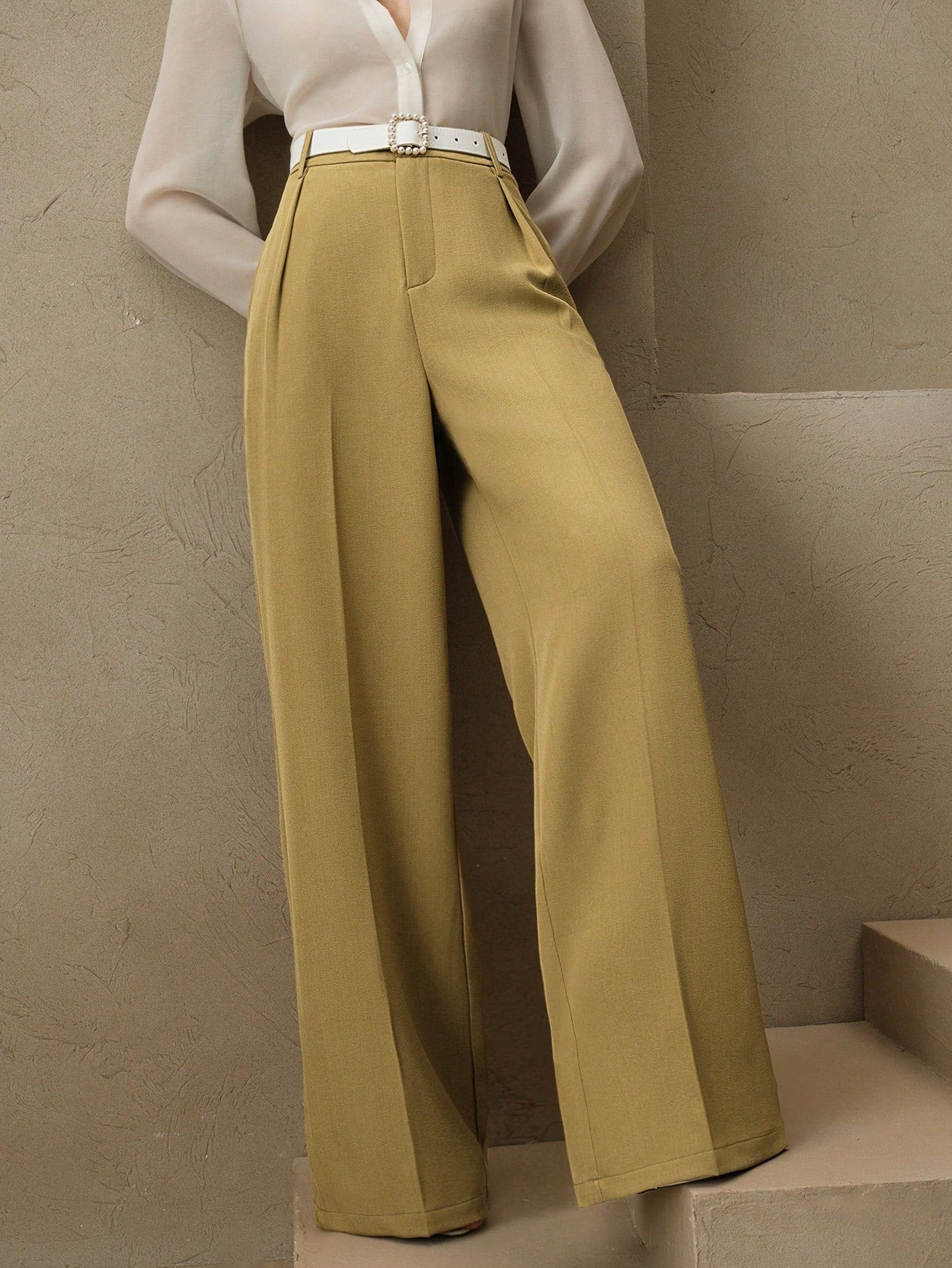 Anewsta Women Solid Color Pleated High Waist Straight Leg Palazzo Pants