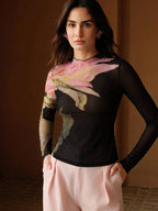 Stretchy Fitted Pink Long Sleeve Mesh Round Neck Knit Top shein