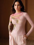 Stretchy Fitted Pink Long Sleeve Mesh Round Neck Knit Top shein
