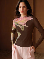 Stretchy Fitted Pink Long Sleeve Mesh Round Neck Knit Top shein